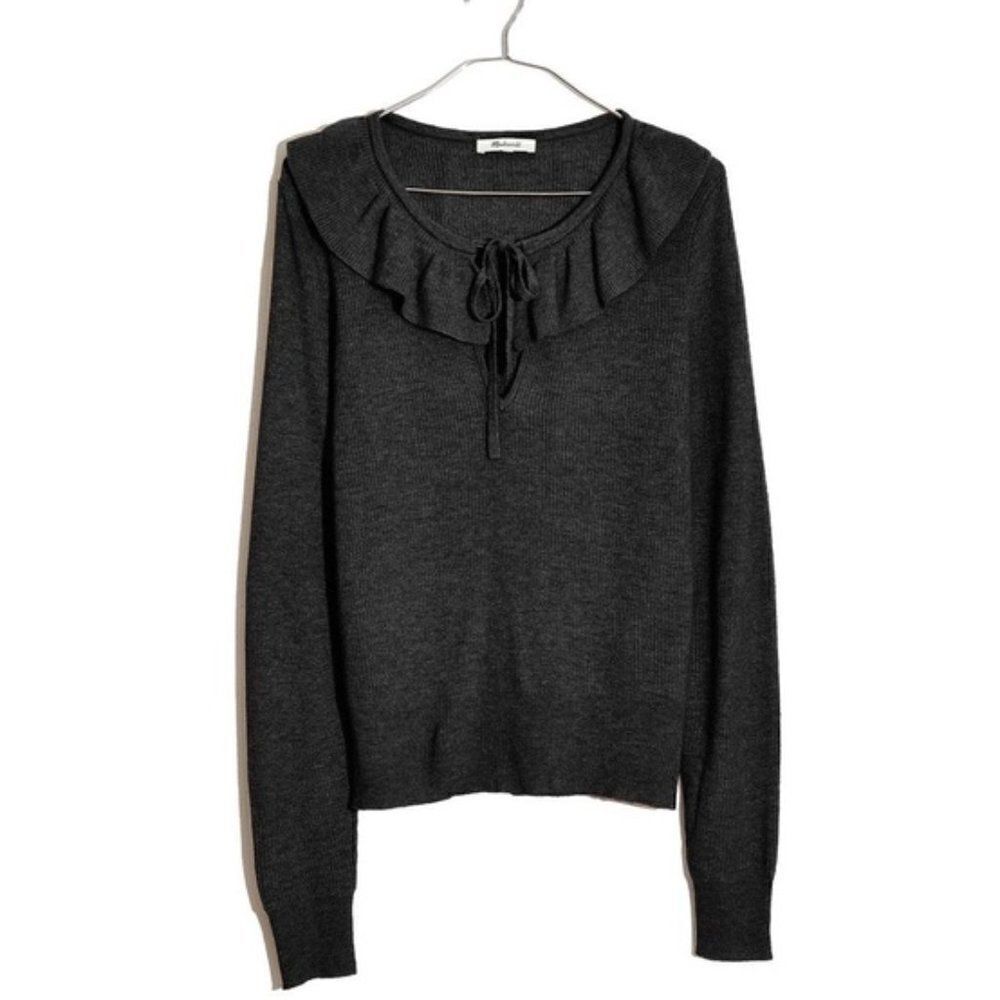 Madewell Black Tie-Neck Ruffle Pullover Sweater